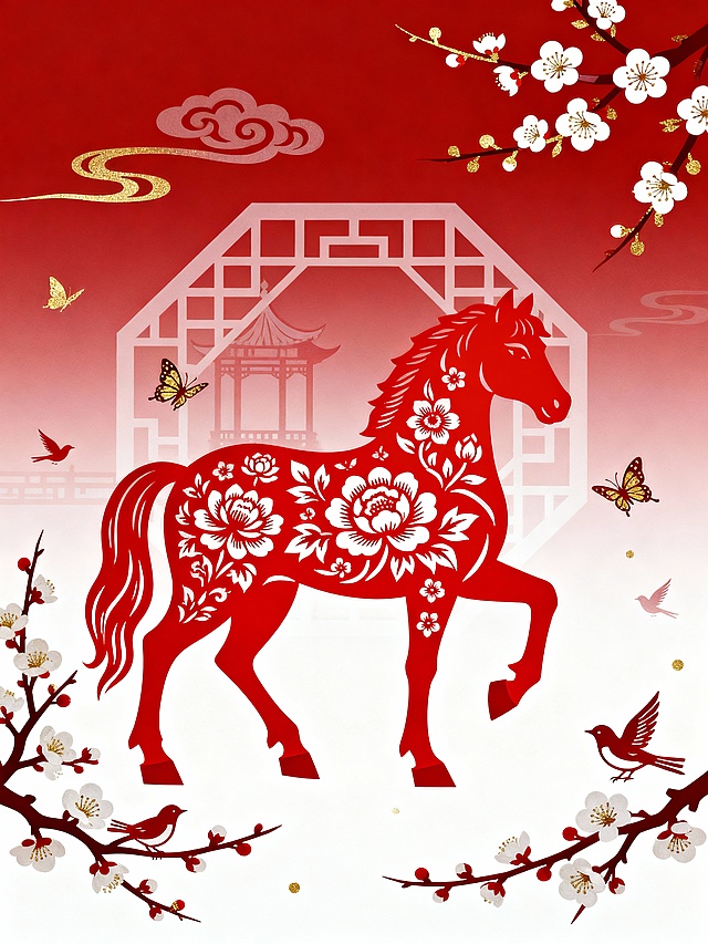 纯扁平剪纸风格。画面中心是一匹装饰满精美花卉的红色扁平剪纸马，画面下边缘白色向上渐变，马身雕刻着牡丹、莲花等传统花卉图案，线条流畅细腻，具有典型的剪纸镂空效果。马的周围环绕着飞舞的蝴蝶、小鸟，梅花枝条从画面两侧延伸（左下右上），花朵绽放。马背后隐约可见传统亭阁建筑轮廓、八角花窗的几何图案，天空中有飘逸的云纹装饰。整体背景采用红白渐变效果，从深红色过渡到白色（从上到下），营造出喜庆祥和的氛围。整体色调以红白色为主，搭配少量金色点缀，突出非遗剪纸的工艺感与文化传承感，呈现浓郁的传统中式美学。