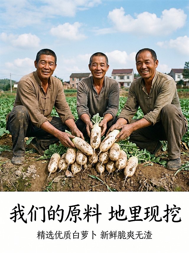 淘宝详情页，饭匹兄弟风格，湘味乡土风，湖南农村田间地头实拍，三位穿着朴素衣服的农家兄弟刚从地里拔出带新鲜泥土的白萝卜，摆在田埂上，带着笑容展示食材，背景是蓝天白云和远处的农屋，非常真实接地气，自然日光，乡土气息浓郁。配大字手写文案："我们的原料 地里现挖"，小字标注"精选优质白萝卜 新鲜脆爽无渣"，文字放置在画面下方，不遮挡主体。比例3:4，真实摄影质感，超高清，食欲感，乡野氛围。负向提示词：变形，水印，文字错乱，产品图模糊，背景杂乱