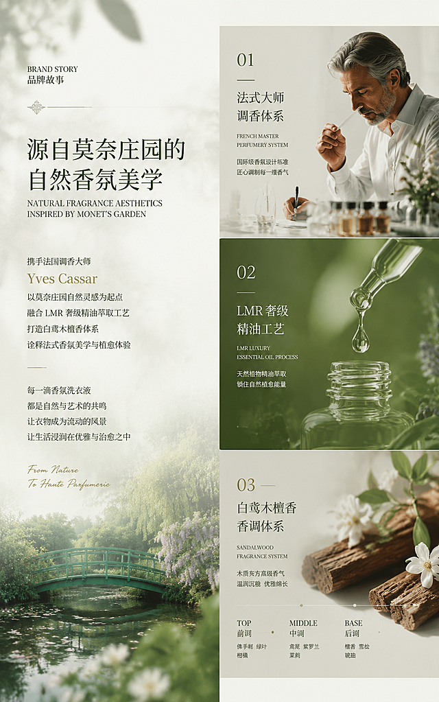 高端电商详情页第三屏设计，750×1200px，法式轻奢香氛洗衣液品牌故事页面，采用左右分栏叙事结构设计 左侧为品牌故事文字区： 携手法国调香大师 Yves Cassar，以莫奈庄园自然灵感为起点，融合LMR奢级精油萃取工艺，打造白鸢木檀香体系，强调法式香氛美学与植愈体验 右侧为信息视觉区： 三层纵向信息结构展示： 1. 法式大师调香体系（国际级香氛设计标准） 2. LMR奢级精油工艺（天然植物精油萃取） 3. 白鸢木檀香香调（木质东方高级香气） 整体风格： 极简高级UI设计，法式品牌官网风格，绿色植愈视觉系统，莫奈庄园艺术氛围，柔和自然光，轻雾感背景，留白丰富，商业级品牌视觉设计，8k超清，杂志级排版。low quality, cluttered, messy layout, watermark, cartoon, illustration, oversaturated, distorted text, cheap design, blur, unreadable typography