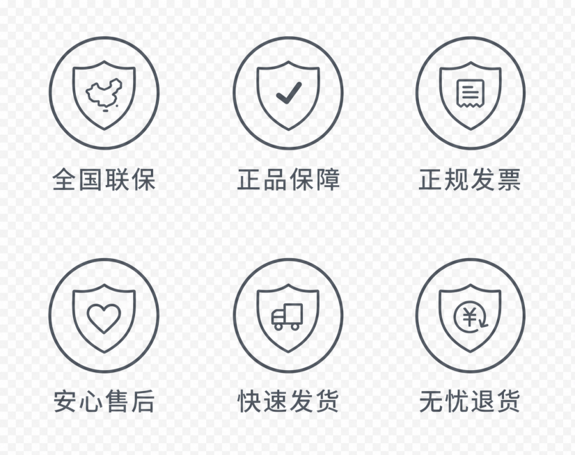 重新生成简约线性风格的六个服务保障图标PNG图片，保持内容和版式不变，包含全国联保、正品保障、正规发票、安心售后、快速发货、无忧退货六个图标及文字，灰色线条描边，白色背景，线条粗细均匀一致，导出为pn预览效果