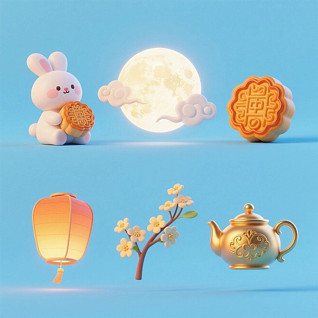 6个中秋素材组合，可爱电商促销感。素材包括：第一个玉兔（抱着月饼）；第二个月亮（前面有祥云）；第三个月饼；第四个孔明灯；第五个桂花；第六个茶壶（鎏金雕花）。画面整体呈现鲜艳效果，淡蓝色背景。上下两行，排列整齐