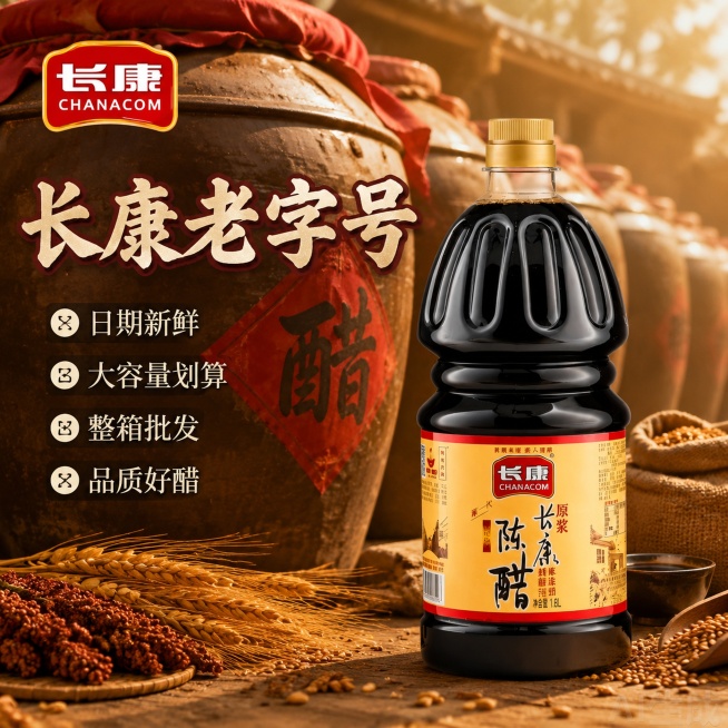 [主图-1] 长康陈醋1.8L产品首图，全新版式设计，中国风传统酿造氛围，拼多多电商场景；
[氛围风格] 传统中国风产地氛围，自然酿造感；
[画质] 商业摄影质感，光线柔和通透，产品清晰真实，画面干净预览效果