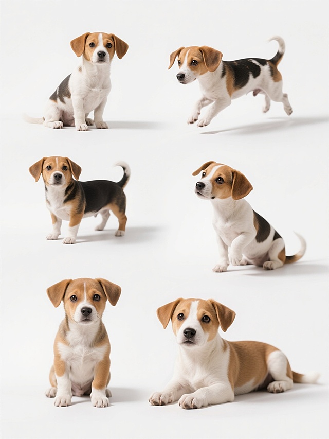 六个完全不同造型的小狗素材集合，规整排布在纯白色背景上，高清摄影写实风格，每只小狗呈现完全不同的动作——包括坐姿、站姿、奔跑姿态、玩耍姿态、歪头好奇姿态和趴着休息姿态，明亮有神的眼睛，自然生动的表情，光线均匀柔和，阴影细节清晰，整体画面干净整洁，突出小狗主体，高分辨率，专业宠物摄影，清晰的毛发纹理，自然的光影效果，简洁背景，主体突出，细节丰富，生动可爱，每只小狗具有独特的毛色和品种特征，姿态各异且充满活力，构图对称平衡，视觉焦点集中在小狗身上，无任何文字和装饰元素干扰。