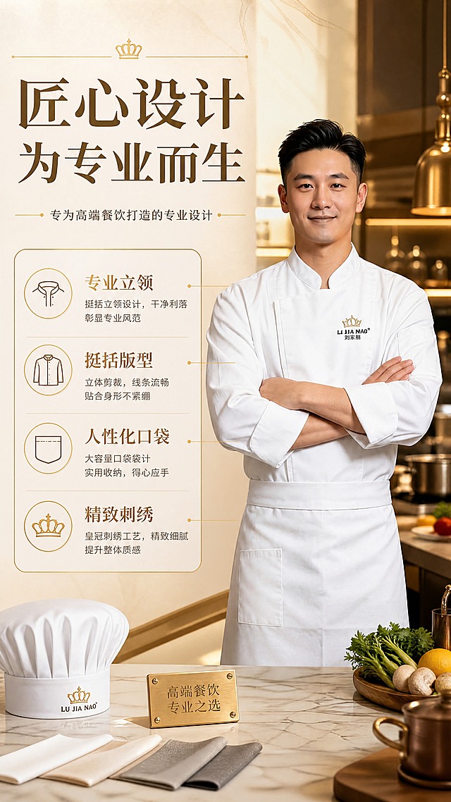 [商品] 使用【图1】白色长袖厨师工作服+白色围裙套装；商品处理：保留立领、胸前皇冠刺绣Logo、七分袖、围裙口袋、整体白色和挺括面料；自然去皱，增强刺绣和缝线质感，不改变版型。
[画面] 目标：设计理念页，传达专为高端餐饮打造的专业设计主张；构图：中间偏右厨师半身形象，左侧大面积留白放设计理念文字；景别：中景（腰部以上）；场景：酒店后厨操作台背景，暖黄灯光，虚化的厨具和食材点缀；前景点缀厨师帽、面料小样等道具，增加层次感。
[视觉] 套系策略：风格=高端酒店轻奢商业摄影；标题字=现代衬线粗体；正文字=简洁无衬线体；主色=米白金；背景延展=基于米白金做深浅层级、暖金渐变和大理石/织物质感；强调色=暖金色，仅用于小面积图标、引线和装饰标签；标题色=深棕金；正文色=暖灰棕；组件=圆角金边信息卡、细线引线、金色装饰线；光影=前侧暖柔光，背景环境光烘托氛围。
[文字] 左侧主标题「匠心设计 为专业而生」，下方4个设计关键词：专业立领 / 挺括版型 / 人性化口袋 / 精致刺绣；每个关键词配一行短句说明，横向排版，文字区占画面左侧40%。
[规格] 图片比例9:16竖版，4K分辨率，负向提示：避免变形、错字、文字过小、冷蓝背景、衣服颜色改变、版型失真、水印、二维码。
