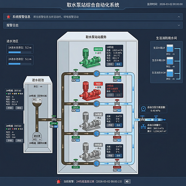 参考提供的水厂组态图样式，重新生成泵站组态图，水泵机组保持整体布局不拆分，采用扁平化加3D轻量化模型风格，界面清爽。泵机组件可动画显示运行状态，绿色表示运行、红色故障、灰色停止；管线添加动态水流效果，用不同颜色区分清水、污水流向；配备清晰数显仪表展示流量、压力、温度、电压、电流数据；阀门组件动态指示开关状态并带手动/自动切换按钮；顶部或底部添加故障警报日志及声光提示