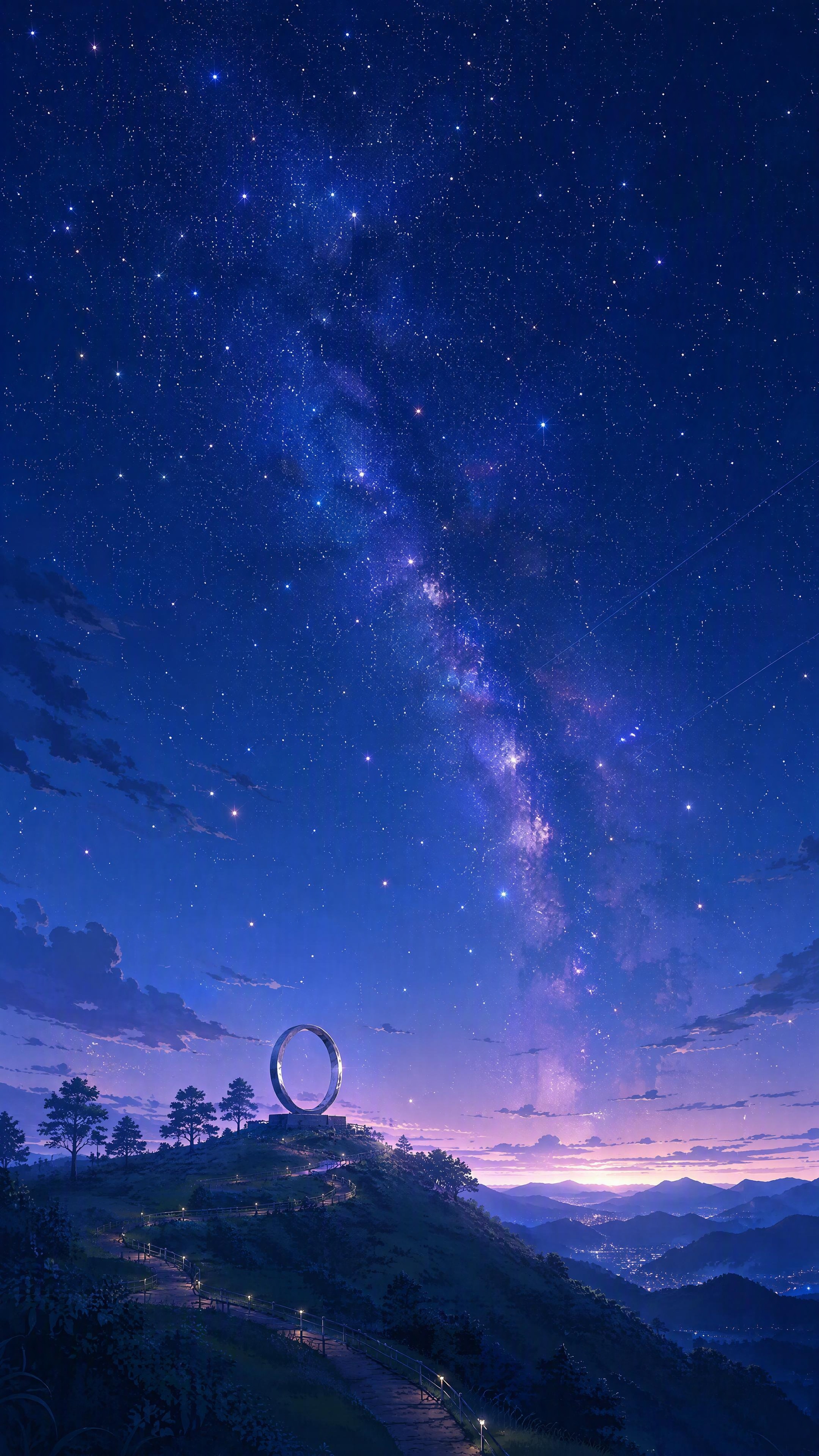 日系动漫风格，星空夜景，山顶上矗立着一个银色圆环雕塑，周围有几… - 图片创意预览