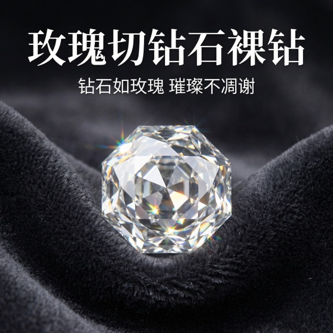 [主图 1] 白色玫瑰切钻石裸钻首图，展示"钻石如玫瑰 璀璨不凋谢"卖点，高贵典雅奢华风格。保持原有产品外观不变，钻石居中展示，深色丝绒质感背景，光影突出钻石璀璨火彩。主标题"玫瑰切钻石裸钻"大字居中预览效果