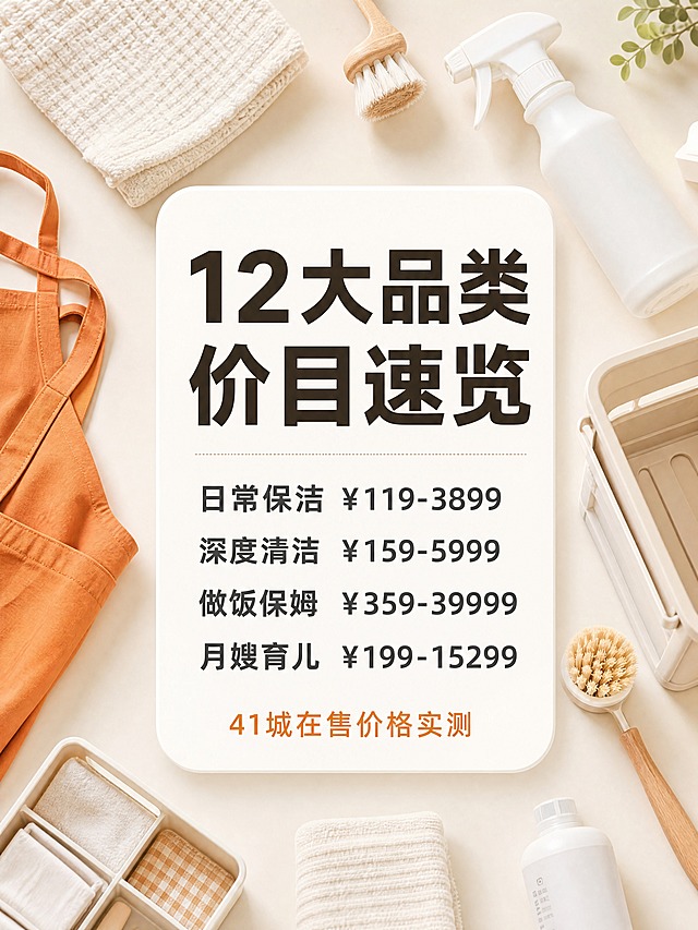 小红书笔记大字封面，插图大字，ins清新奶油风，版式精美，小红书笔记封面质感，适合信息流点击。俯视平铺构图，奶油白背景，四周整齐摆放日式家政用品：橙色围裙、白色喷壶、超细纤维抹布、清洁刷、折叠收纳盒，物品摆放整齐有序，极简ins风。画面中央一张白色圆角卡片，卡片上有清晰的中文价目文字，大标题逐字锁定：「12大品类价目速览」，主标题字号醒目，为卡片视觉中心，清晰可读，不得增删改字。标题下方分四行写着：「日常保洁 ¥119-3899」「深度清洁 ¥159-5999」「做饭保姆 ¥359-39999」「月嫂育儿 ¥199-15299」，四行文字左对齐或居中对齐，排版整齐。卡片底部一行橙色小字：「41城在售价格实测」。文字样式：主标题为深棕色或深灰色扁平粗黑体，价目行文字为深灰色中等粗细字体，底部小字为暖橙色。配色：奶油白+暖橙+浅木色，干净治愈。柔和的早晨自然光，光线均匀柔和，阴影浅淡。整体氛围：干净治愈、生活方式博主风格、日式极简、温馨舒适。画质：高清细腻，信息层级清晰，文字完整处于安全区内不可裁切，卡片四周留安全边距，物品摆放不遮挡卡片文字。画面比例3:4，4K。