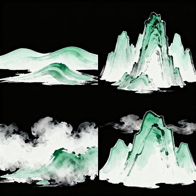 中国传统水墨风格，以淡绿色和白色为主色调，运用流畅的曲线笔触描绘远山，山间云雾缭绕营造出朦胧意境，纯色背景，四个完全不同造型的远山元素规整排布，每个远山造型独特，有的山峦起伏平缓，有的山峰陡峭险峻，有的山间云雾浓重，有的山体轮廓清晰，整体保持统一的水墨风格和淡雅色调，形成系列素材集合。
