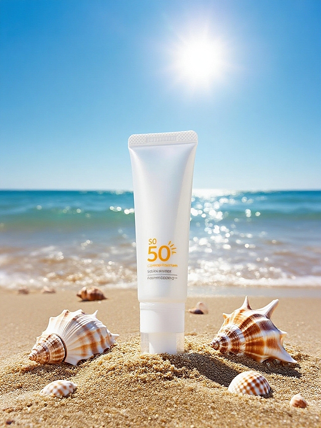 产品放在白沙上，旁边散落海螺和贝壳，背后是海水、烈日暴晒，海水非常逼近产品