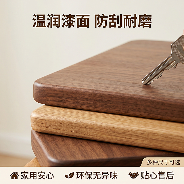 [主图 5] 实木桌面板漆面工艺与服务说明。
[氛围风格] 温馨舒适家居治愈风；
[画质] 商业摄影质感、光线柔和通透、产品清晰真实、画面干净高级。
[元素] 实木桌面板局部特写展示漆面，钥匙轻刮桌面演示防刮耐磨，保持桌板材质颜色与原图一致；背景干净浅素，突出演示过程。画面整体满版无边框。
[光影] 柔和均匀室内光，突出漆面温润光泽，光影层次自然，清晰展示刮试瞬间漆面无痕迹效果。
[配色] 原木暖棕主色，浅素背景衬托，整体温馨干净。
[视角构图] 特写平视，聚焦漆面和刮试动作，主体清晰。
[文字版式] 顶部主标题「温润漆面 防刮耐磨」，深棕色加粗；底部横向排列三个核心服务卖点：● 家用安心 ● 环保无异味 ● 贴心售后，每个卖点配图标点缀，字体清晰对比分明，不遮挡产品主体；右下角放置温馨提示小字「多种尺寸可选」。
[比例分辨率] 1:1 比例，2k 分辨率；文字清晰锐利，画面超高清。
[负向提示词] 变形，水印，文字错乱，产品图模糊，背景杂乱，牛皮癣，配色刺眼，遮挡主体。