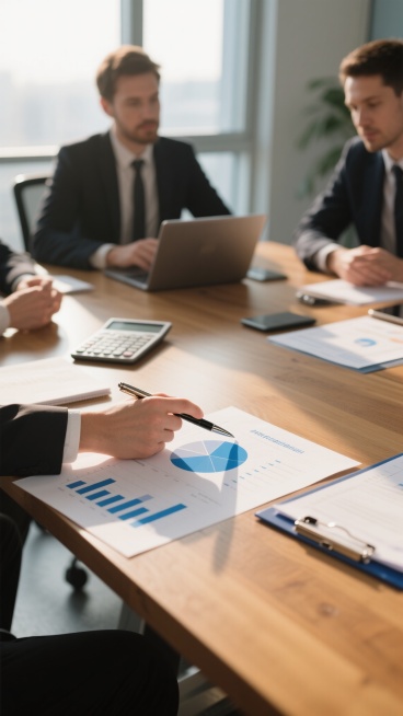 明亮自然光下的现代办公场景，专业商务人士围坐在木质会议桌旁讨论数据分析报告，桌面上铺展着带有蓝色系饼图和柱状图的图表文件，一只手握着金属质感钢笔指向数据细节，周围散落着计算器、笔记本电脑和文件夹，整体采用高清写实摄影风格，温暖的暖色调光线从窗外射入形成柔和阴影，营造出专注、高效、专业的商业工作氛围，画面构图聚焦手部动作与图表的互动，背景虚化突出主体，具有清晰的视觉层次和信息传达效率。预览效果