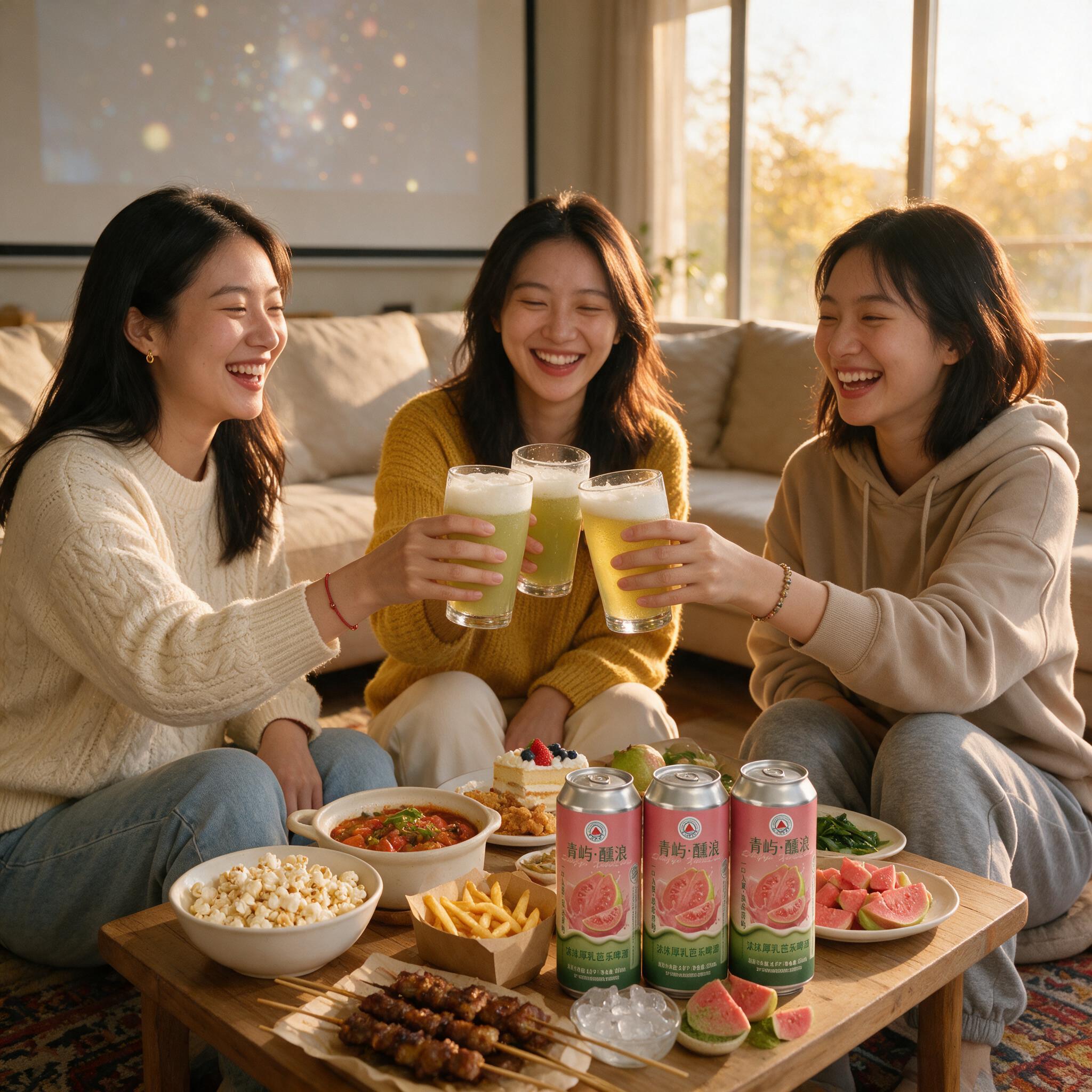 温馨的客厅闺蜜聚会场景。三位年轻女生围坐在木质矮桌旁，坐在地毯… - 图片创意预览
