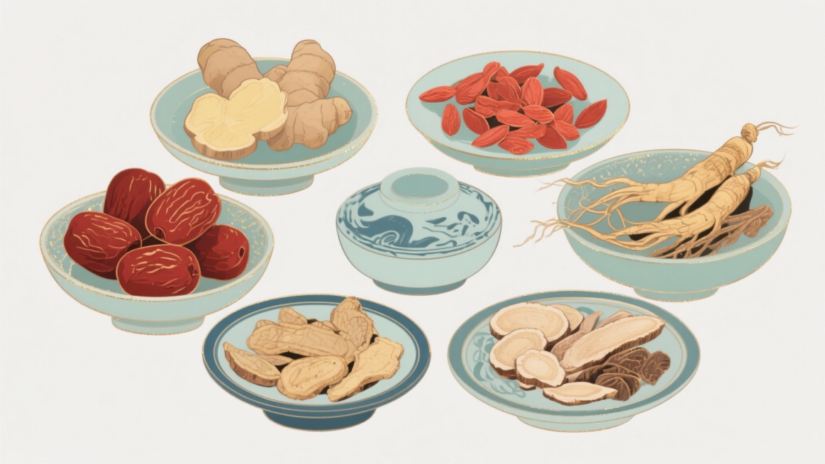 元素，插画风格，养生药膳，滋补，周围用中式碟子装着几种中药材，包括红枣、姜片、枸杞、参片等，正面视角，元素都在画面中央，显示完整，白色背景，中国风，中式插画，古画，超级好的质感，高清晰度，极致的细节，预览效果