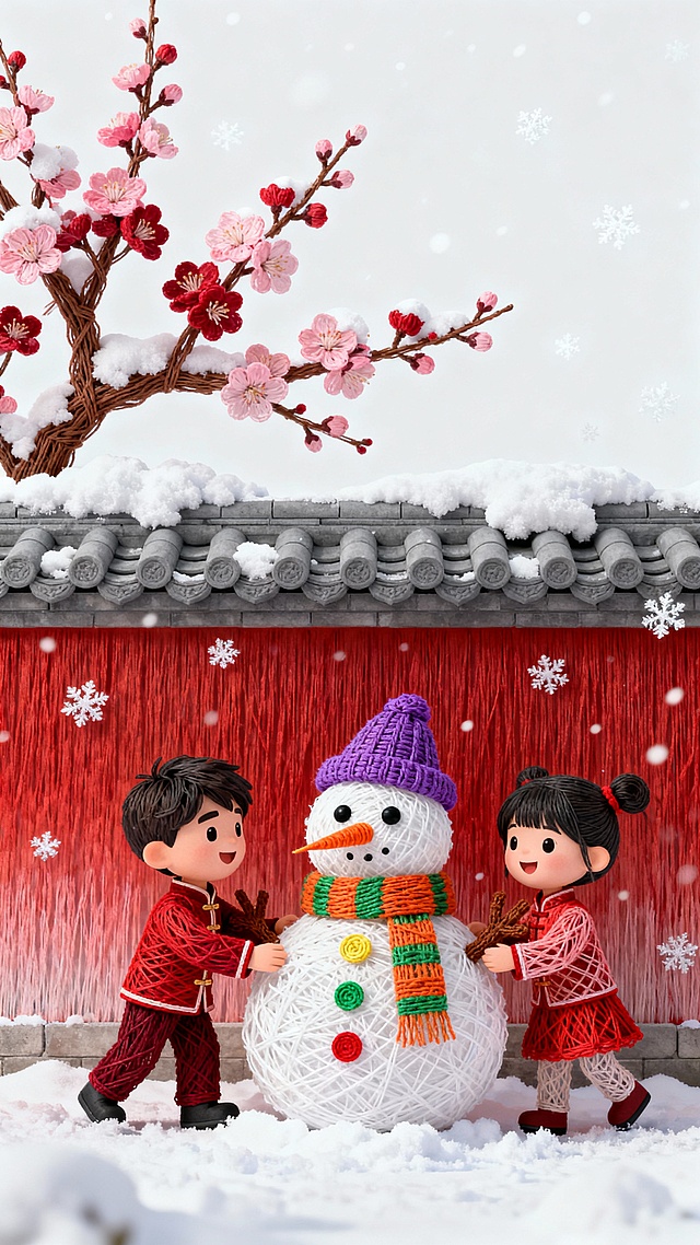充满明媚温暖冬日氛围，毛绒质感艺术风格，朱墙灰瓦的院墙内，一枝红梅在院落一角开放，墙上树枝落满积雪，墙脚下穿着红色中式传统服装的小孩（一个男孩，一个女孩）正在开心地堆雪人，雪地上的雪人有大大的眼睛，头顶戴着紫色帽子，脖子围着橘色、绿色相间的竖条围巾，两只树枝做的胳膊对称分布，肚子上装饰三颗红色、绿色、黄色的扣子，胡萝卜鼻子斜插在雪人上，画面中飘着零星雪花