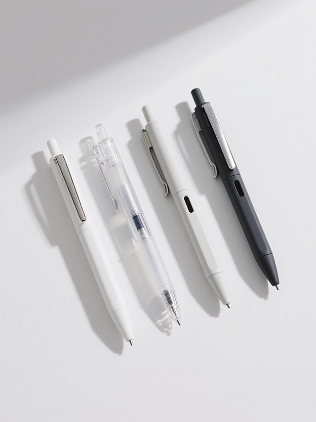 高清晰商业产品摄影风格，4支不同样式、不同风格、不同配色的笔，排列整齐，白色背景，每支笔具有清晰的材质细节，包括可能的金属笔夹、透明笔杆、磨砂或光滑的塑料表面，精准的光影效果，柔和的顶部光源，轻微的投影增加立体感，专业的产品展示构图，物体边缘锐利，色彩真实自然，无LOGO、无文字、无二维码及联系方式。