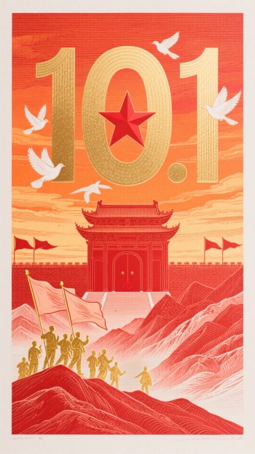 从暖红色到橙色渐变的绚丽背景，好似绚烂晚霞铺满画面。画面中央焦点是巨大的金色 “10.1” 数字，数字线条流畅，散发着耀眼光芒。其中 “0” 里镶嵌着一颗鲜艳的红色星星，
围绕着金色数字，白鸽优雅地展预览效果