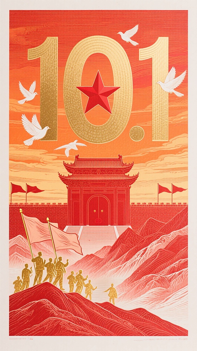 国潮风插画海报，以版画与印刷风呈现，红金主色彰显喜庆与政务感，大字“10.1”嵌红星，天安门与群山象征民族精神，白鸽飞翔寓意和平，人物前行展现奋进姿态。