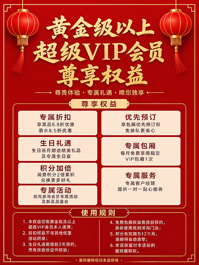 重新按照第二张参考图的简洁排版设计黄金级以上超级VIP会员尊享权益海报，保持红色灯笼喜庆背景，完全对齐参考图的排版结构，权益分两列排列，使用规则分两栏，设计更加简洁干净，去掉所有多余的圆形图标装饰，只保留纯文字排版，尺寸60*80cm，分辨率2K