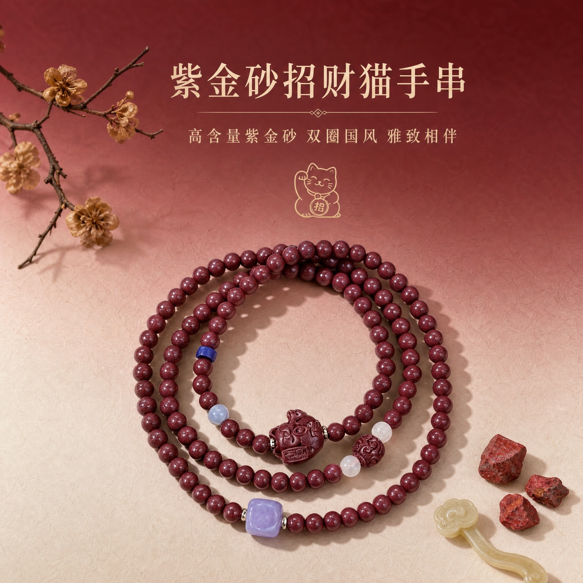 [商品] 使用【图1】紫金砂招财猫平安转运珠双圈手串；保留双圈… - 图片创意预览
