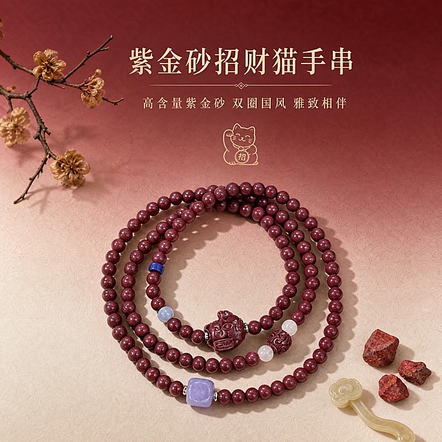 [商品] 使用【图1】紫金砂招财猫平安转运珠双圈手串；保留双圈结构、紫金砂圆珠、招财猫雕刻坠饰、紫色方珠配珠、蓝色隔珠、白色圆珠配珠的外观、颜色、材质和比例，不做任何二创修改。
[画面] 页面目标：氛围头图，整体亮相紫金砂招财猫双圈手串的高级国风气质。构图：手串居中偏下呈优雅双圈盘绕形态，招财猫坠饰位于视觉中心，主体占比约55%。背景为酒红到裸粉的高级渐变，带细腻宣纸/卡纸纹理质感。左上角点缀一枝干枯腊梅枝条，右下角散落3颗天然朱砂原石颗粒和一枚小玉如意配饰，形成前中后三层视觉层次。景别：中景全景。阅读动线：从上至下。
[视觉] 套系策略：风格=高级国风珠宝商业摄影；标题字=纤细宋体类国风字体；正文字=简洁宋体；主色=酒红+裸粉渐变；背景延展=基于酒红到裸粉做深浅渐变层级+细腻纸质感肌理；强调色=紫金红（仅用于图标和重点文字）；标题色=深酒红色；正文色=米金色；组件=线性国风图标、细分割线、圆角浅底信息卡；光影=左上45度柔光箱主光+侧方轮廓光，暖调柔和。
[文字] 画面上方居中：主标题"紫金砂招财猫手串"，副标题"高含量紫金砂 双圈国风 雅致相伴"，下方配一个简约猫咪线性图标。文字不遮挡产品主体，层级清晰。
[规格] 1:1正方形，2K分辨率，medium质量。负向：变形、错字、模糊、杂乱、水印、平台Logo、塑料感、产品外观改变、颜色偏差、绝对化用语。
