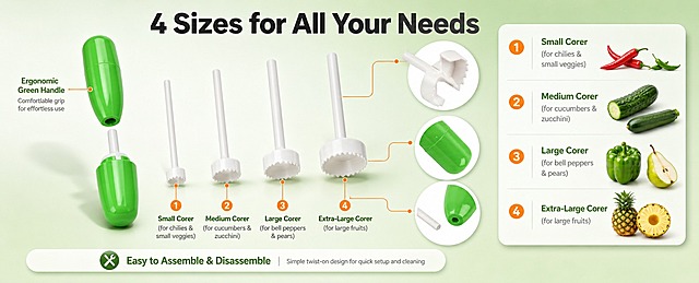 [商品] 使用【图2】蔬果挖孔器套装拆解图；保留绿色手柄拆分为前后两部分、4个不同尺寸白色锯齿钻头、各部件结构比例和颜色。
[画面] 目标：结构解析页，展示套装全部部件和各尺寸钻头用途。构图：中心产品爆炸式拆解布局，周围引线标注。主体位置：画面中央偏左展示手柄和4个钻头按大小排列，右侧文字信息区。主体占比约60%。景别：全景+局部细节。阅读动线：从中心产品向四周引线。前中后景：中景产品部件、后景浅绿渐变背景、前景悬浮信息卡。
[视觉] 套系策略：风格=跨境极简高级商业摄影；标题字=现代无衬线粗体；正文字=简洁无衬线体；主色=清新草木绿；背景延展=基于草木绿做浅渐变和细腻哑光质感；强调色=暖橙色，仅用于引线端点、编号标签；标题色=深炭灰；正文色=中暖灰；组件=细线引线、圆形编号标、圆角信息卡；光影=均匀柔光，各部件有自然投影。
[文字] 顶部主标题"4 Sizes for All Your Needs"。从各部件引线标注：Ergonomic Green Handle / Small Corer (for chilies & small veggies) / Medium Corer (for cucumbers & zucchini) / Large Corer (for bell peppers & pears) / Extra-Large Corer (for large fruits)。底部补充"Easy to Assemble & Disassemble"。文字横向排版。
[规格] 图片比例61:25横版，4K分辨率，避免变形、错字、文字过小、部件缺失、颜色改变。