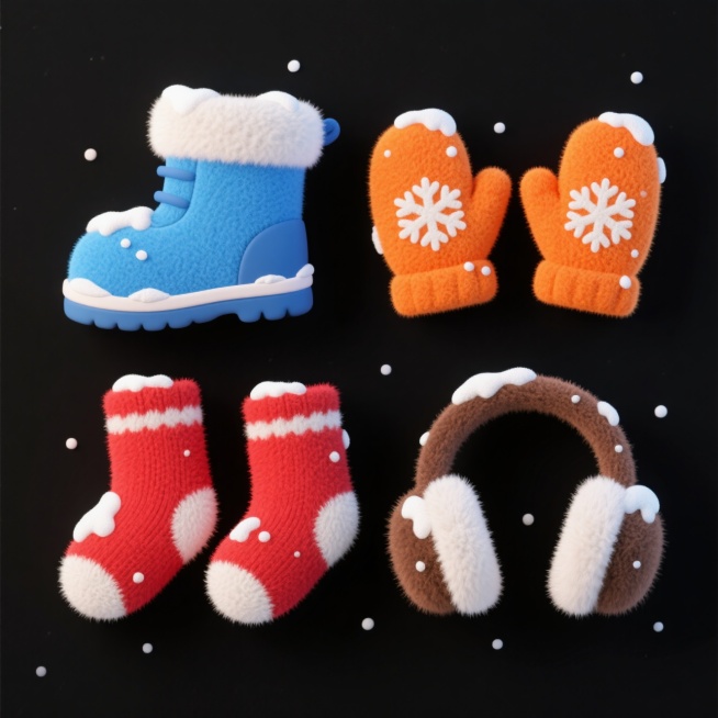 4个冬季服饰素材组合，每个元素上都沾着积雪，分别是：一只蓝色雪地靴、一双橙色有小雪花图案的手套、一双红色袜子、一个棕白拼接的耳罩；元素上下两行整齐排列，黑色背景。预览效果