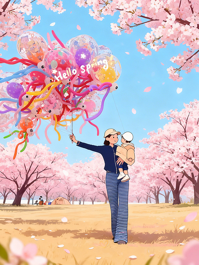 保留原图中大人、小孩和彩色章鱼气球不变，将背景枯树全部替换为错落盛开的晚樱樱花树，花瓣飘落，把人物和气球转换成可爱活泼乖巧的卡通风格，天空是清澈浅蓝色，整体浪漫治愈