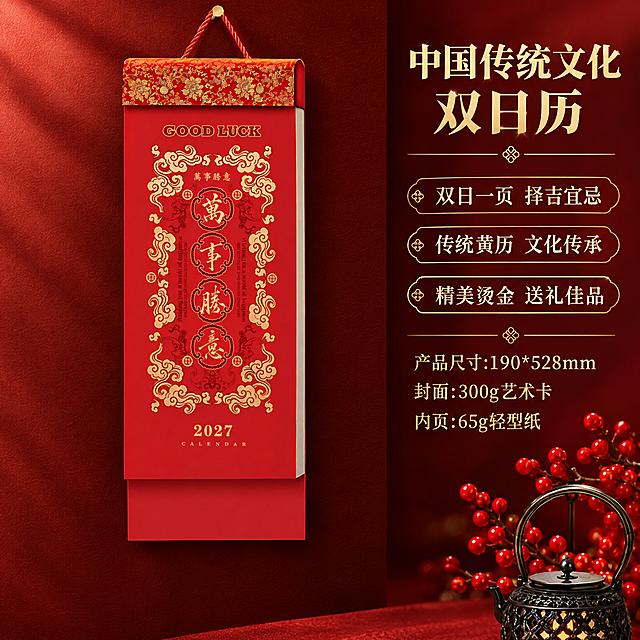 电商淘宝主图，1:1正方形。左右分栏布局：左侧展示撕历产品实物（万事胜意款，竖长条形红色撕历，顶部红色花纹挂头+红色挂绳，封面红色底配金色万事胜意竖排文字和祥云纹，底部红色底托，整体为撕历/挂历形态，没有线圈，不是月历），右侧展示产品卖点和参数文字。左侧撕历必须与参考图中的撕历产品完全一模一样，所有细节、图案、文字、颜色、结构、比例100%保留，绝对不允许添加或修改产品本身任何内容，绝对不允许出现线圈、月历、牡丹花、富贵吉祥等无关内容，产品规格190*528比例严格保持不变。撕历通过红色挂绳悬挂。右侧深红背景配金色文字，从上到下依次为：大标题"中国传统文化双日历"，卖点1"双日一页 择吉宜忌"，卖点2"传统黄历 文化传承"，卖点3"精美烫金 送礼佳品"，参数"产品尺寸:190*528mm"，参数"封面:300g艺术卡"，参数"内页:65g轻型纸"。右下角点缀红色浆果与黑色金属小提灯装饰。左侧产品占约60%宽度，右侧文字占约40%宽度，产品为绝对视觉焦点。商业级电商主图质感，暖金色柔光。