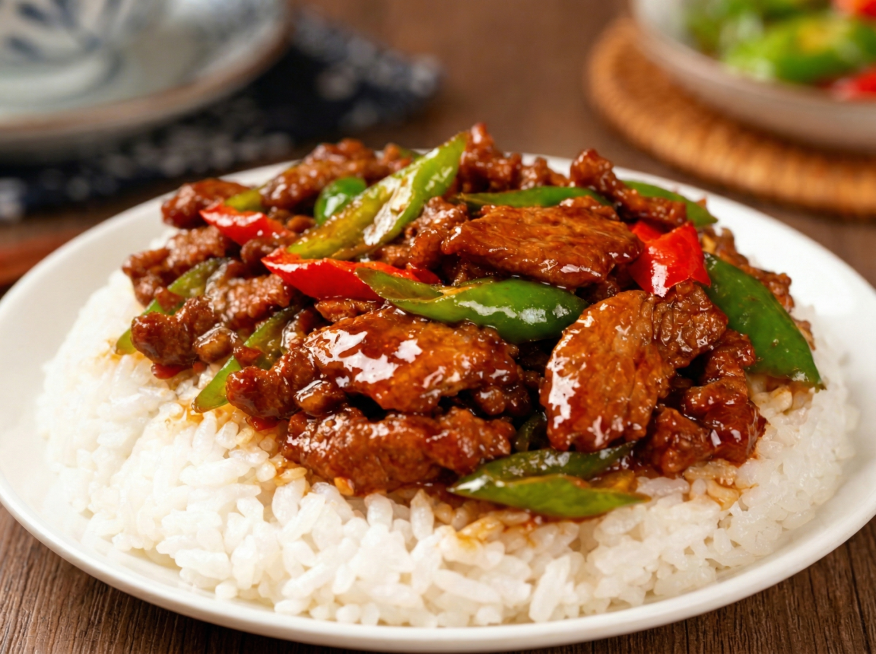 完整展示盘子，增加辣椒炒肉的分量，铺满米饭预览效果