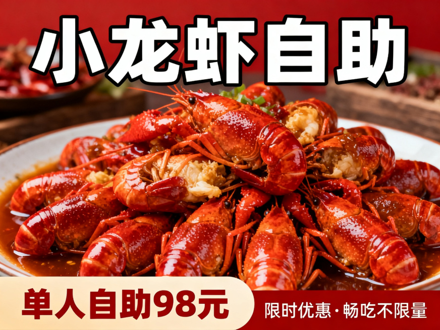 小龙虾自助美食促销海报，画面中有诱人的十三香小龙虾堆放在盘中，鲜香麻辣氛围感，海报整体偏红色暖调风格，突出小龙虾自助主题，画面顶部有醒目的促销主题文字"小龙虾自助"，画面下方标注价格信息，整体构图饱满预览效果