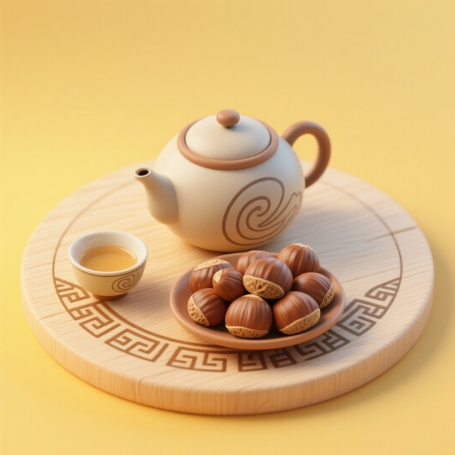 一个圆形浅色木板底座，上面有传统纹样的茶壶，周围摆放着一盘装有板栗的盘子、茶杯、盛有小食的小碗，浅黄色渐变背景预览效果
