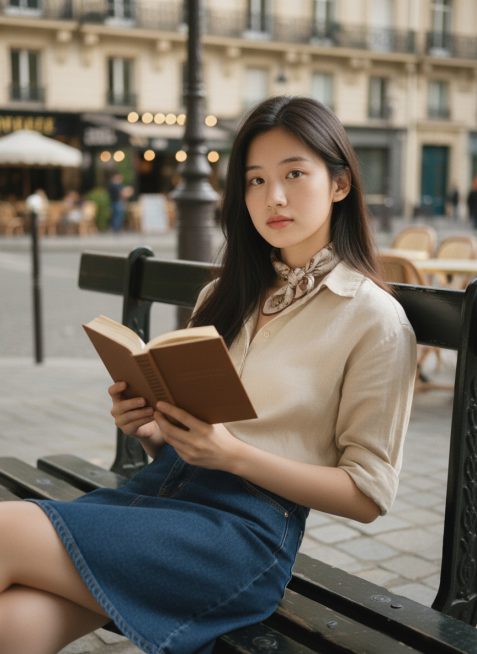 图片中的女生在巴黎街头的长椅上，衣服换成法式穿搭预览效果