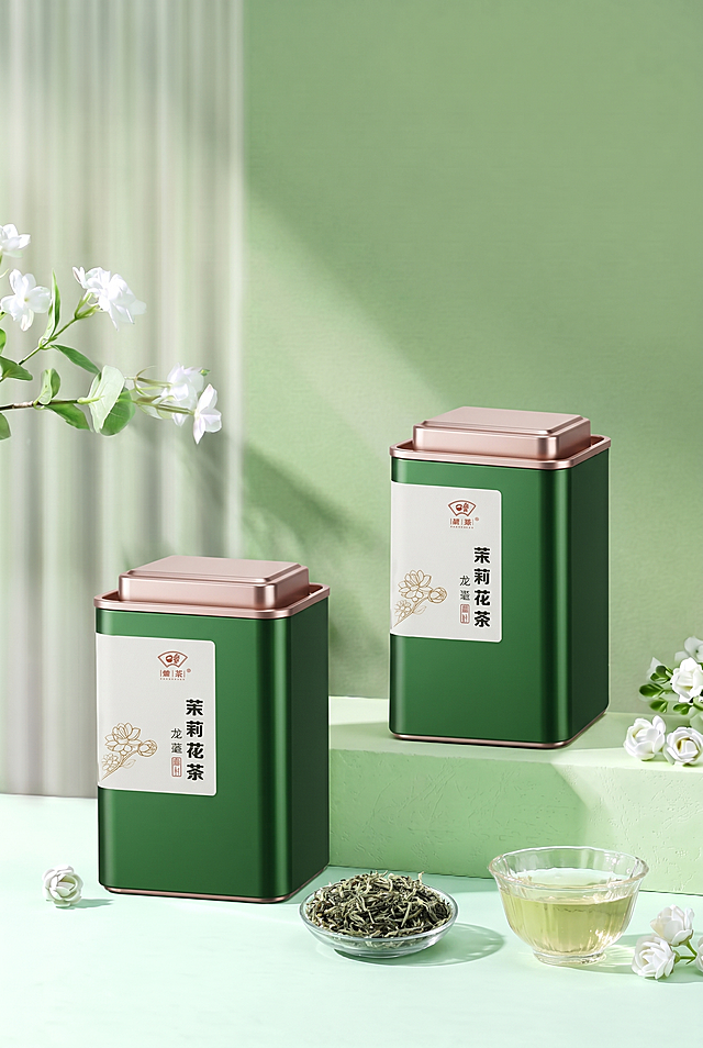 在浅绿色场景中，两个茉莉花茶铁罐，一个放置在浅绿色桌面上，一个放置在画面右侧的绿色长方体台面上，桌面上放置一盘茉莉花茶叶，和一个晶莹剔透的玻璃小杯装着浅鹅黄色茶汤，参考摆放方式：一个产品在近景桌面，一个产品在后方高台，整体风格清新自然，光影柔和，保留左侧的茉莉花装饰