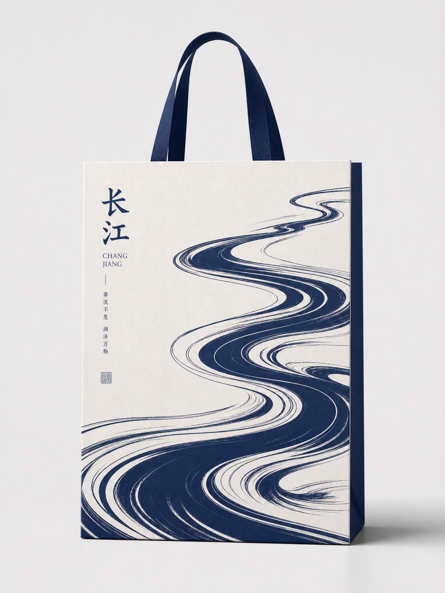 参考图中流动飘逸的丝带/水流形态，将其应用于长江主题手提袋设计… - 图片创意预览