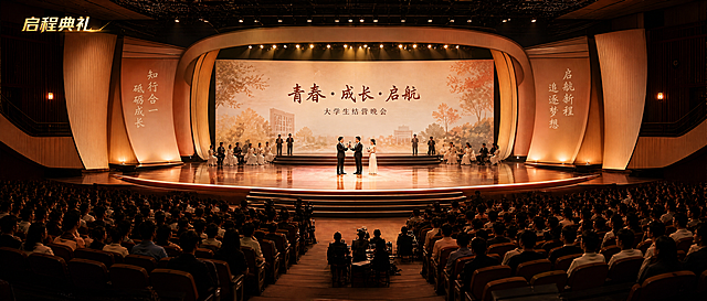 修改图片，改为大学礼堂场景，降低整体灯光绚丽程度，去掉观众手上的发光应援棒，保持左上角“启程典礼”文字不变，保持暖亮色调，保持1650*625尺寸，符合大学礼堂结营晚会的氛围