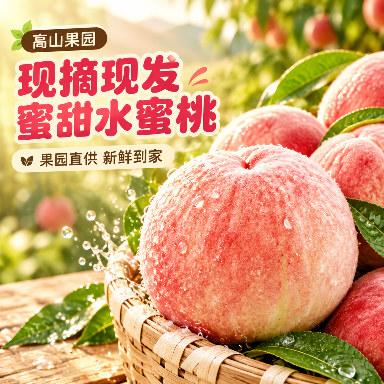 [主图-1] 首图：果园现摘水蜜桃的食欲感场景图，左文右图，完… - 图片创意预览