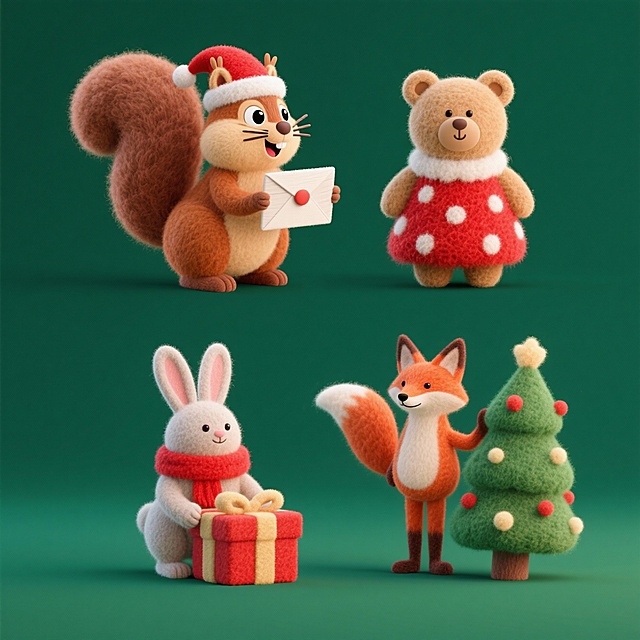 4个圣诞元素，上下两行对齐排列。分别是
1.戴圣诞帽的送信松鼠。
2.身着红底白点毛绒裙的浅棕小熊。
3.带红围巾整理礼盒的兔子。
4.装饰圣诞树的狐狸。
深绿色背景。
