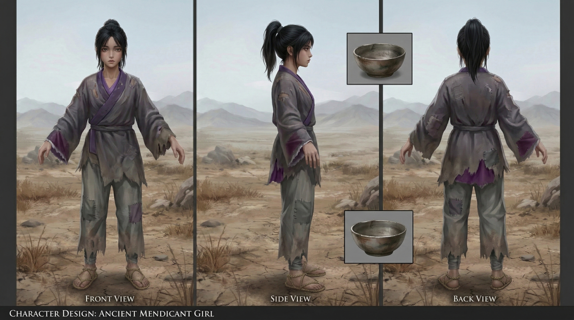 基于图中古风乞丐人物，生成原画三视图，分别为正视图、侧视图、背视图，人物均摆出Apose，保持人物服饰、发型、样貌特征一致预览效果