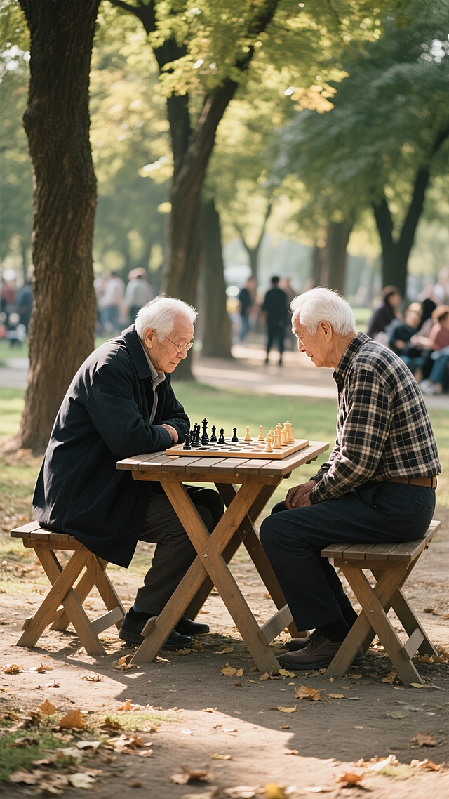 两位头发花白的老年男性在公园的树荫下对弈象棋，他们分别穿着深色厚外套和格子衬衫，神情专注地坐在木制小板凳上，面前是一张简易木桌，桌上摆放着象棋棋盘和棋子。周围有茂密的树木，阳光透过树叶洒下斑驳的光影，地面上散落着少许落叶，背景中隐约可见其他悠闲活动的人们，整体氛围宁静而温暖，充满生活气息，色调呈现自然的暖绿色和棕色系，具有写实的摄影质感和柔和的光影效果。