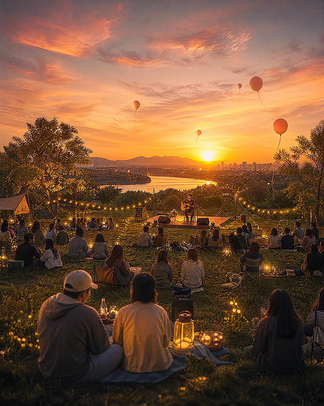 同一个户外草地场景，换不同角度，能看到江河，落日余晖下举办音乐会，很多年轻人席地而坐，舞台中央有演唱者轻声歌唱，天空中有气球在夕阳下飘荡，温馨治愈风格，画面干净开阔