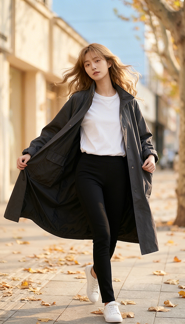 抖音女装带货商业人像摄影，索尼A7M4拍摄，50mm f1.8大光圈，浅景深背景虚化，韩系松弛感街拍风格，秋日暖调柔和侧逆光，色彩通透自然，服装面料质感清晰可见。模特为168cm清冷感韩系女生，浅棕亚麻大波浪卷发，空气感碎发，淡伪素颜妆，眉眼舒展，气质慵懒随性，保持模特样貌不变。动作：侧身走在梧桐街道上，双手将风衣敞开，迎着风，风衣衣角和头发被风吹起，头转向镜头露出随性的表情。服饰细节：上身穿着深炭灰色立领中长款oversize风衣，落肩宽松版型，单排暗扣门襟，双侧大贴袋，挺括垂坠防风面料，袖口自然挽起；内搭基础款圆领白色T恤，下身搭配黑色紧身显瘦鲨鱼裤，脚穿白色小白鞋。场景：秋日午后的城市梧桐街道，铺满金黄落叶的人行道，背景是浅米色沿街店铺，澄澈的蓝天，下午3点黄金时刻的柔和阳光，画面干净整洁，无多余杂物，重点突出风衣版型和上身效果。