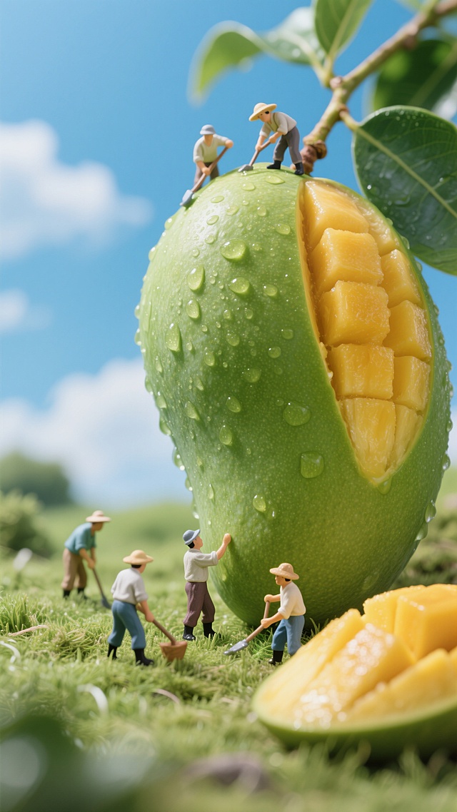 清新3D风，微缩艺术展现农夫在巨大芒果上劳作，细节生动，自然和谐。