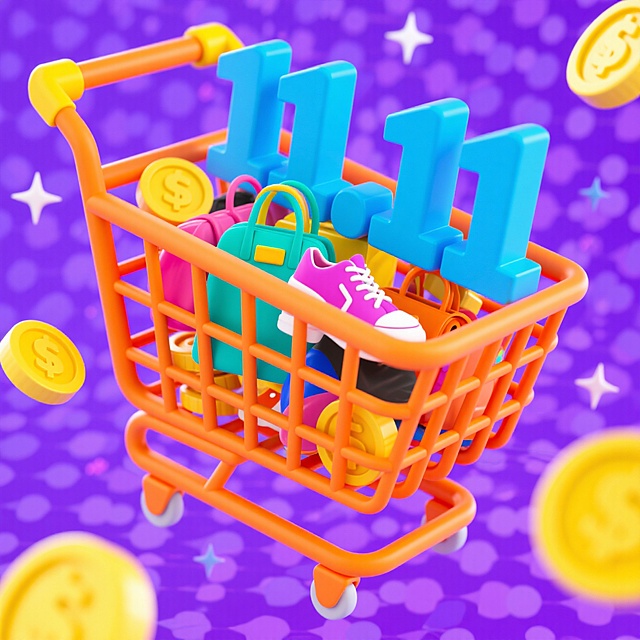 梦幻紫色背景搭配3D微缩购物车，塑料质感的“11.11”与商品满载其中，金币飞舞，萌趣十足，传递双11促销狂欢的可爱氛围。
