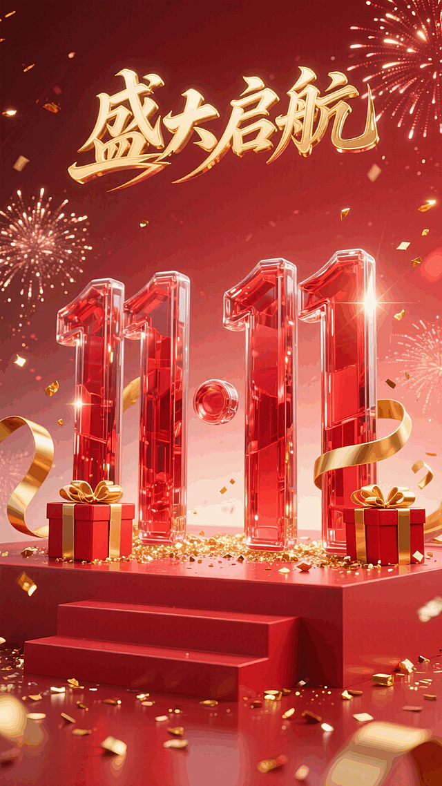 红色玻璃立体字 “11·11” ，上方搭配金色 “盛大启航” 艺术字。周围环绕红金礼盒、金色丝带、烟花、碎金片，背景为红色渐变，底部有红色阶梯展台，整体风格热烈喜庆