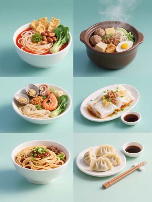 纯色背景，软3D风格美食系列海报，六宫格规整排布，每个格子展示不同食物：1. 螺蛳粉：白色碗中装着红油汤底，配有米粉、酸笋、炸腐竹、青菜、花生；2. 砂锅：深褐色砂锅中盛着热气腾腾的食材，有肉丸、豆腐、粉丝和蔬菜；3. 海鲜面：白色瓷碗里装着汤色清亮的面条，点缀着虾、蛤蜊、鱿鱼等海鲜和青菜；4. 肠粉：浅盘上放着白色的肠粉，表面撒有肉末、鸡蛋碎和葱花，旁边配一小碟豉油；5. 拌面：白色碗中装着……预览效果