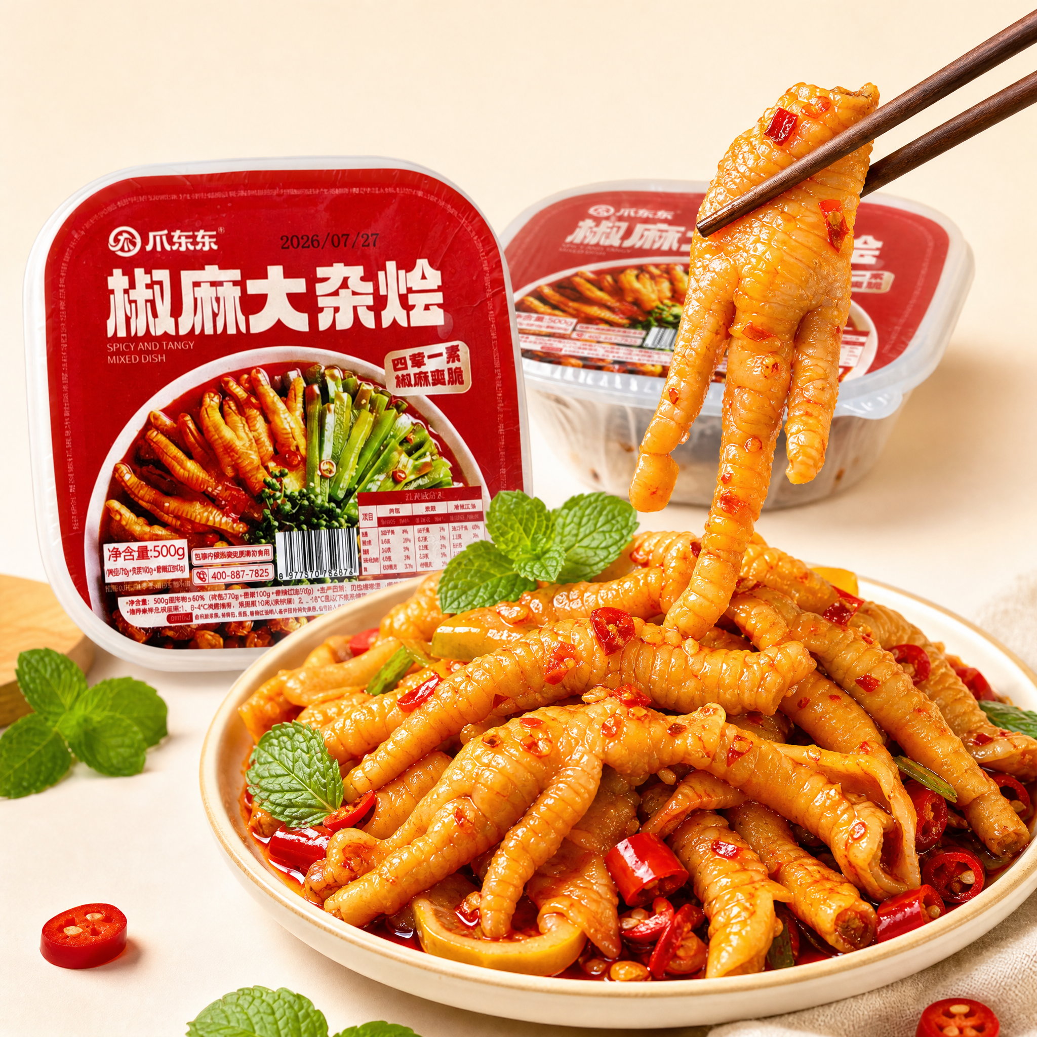 品品官方旗舰店酸辣鸡爪电商主图，1:1正方形构图。画面中展示两… - 图片创意预览