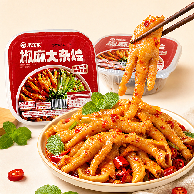 品品官方旗舰店酸辣鸡爪电商主图，1:1正方形构图。画面中展示两罐酸辣鸡爪罐装产品，旁边摆放一盘堆起的鲜黄色酸辣鸡爪，一只筷子夹起一只肥硕的鸡爪，鸡爪色泽鲜亮诱人，表面泛着红油光泽。盘中搭配红辣椒段和新鲜薄荷叶点缀，增加食欲感。背景为干净的浅色调，整体画面突出鸡爪鲜爽劲道、肉厚量足的特点，光影柔和，产品质感真实，适合作为电商平台主图使用。