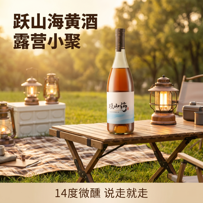 [主图 1] 跃山海黄酒露营首图，露营风格自然户外；
[氛围风格] 露营野奢松弛氛围感，自然清新；
[画质] 商业摄影质感，光线柔和通透，产品清晰真实，画面干净高级；
[元素] 跃山海黄酒瓶放置在户外预览效果