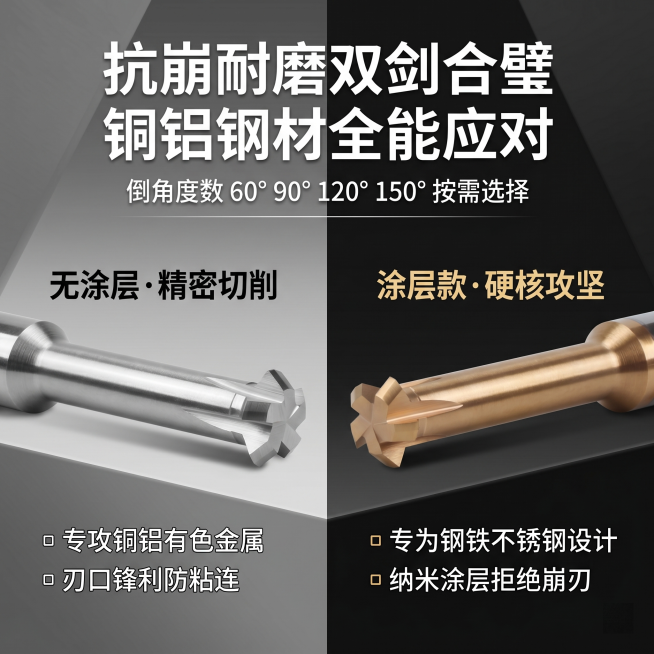 [主图 2] 无涂层 vs 涂层款双版本对比主图
[氛围风格] 灰黑几何简约科技风，专业对比清晰
[画质] 商业摄影质感、金属光影锐利通透、产品清晰真实、画面干净高级
[元素] 将银色无涂层款和金色涂预览效果